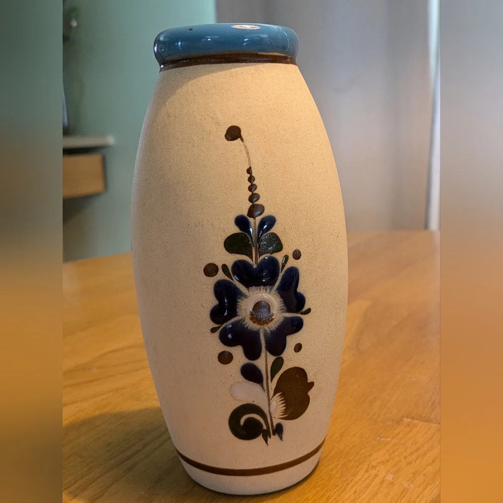 Vintage Tonala Sandstone Mexican Pottery Vase Flowers Floral Blue Brown Signed